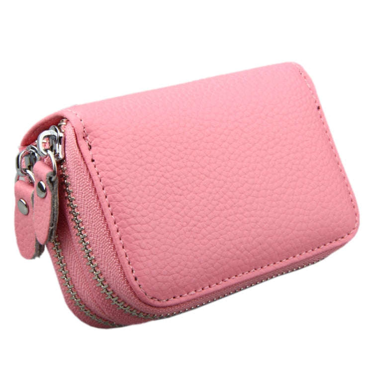 Genuine Leather Dual Layer Zipper Card Holder Wallet RFID Blocking Purse, Size: 10.5x7.0x4.0cm(Pink)