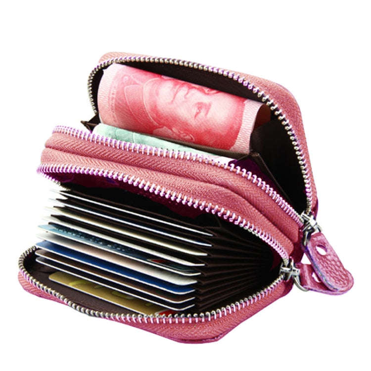 Genuine Leather Dual Layer Zipper Card Holder Wallet RFID Blocking Purse, Size: 10.5x7.0x4.0cm(Pink)