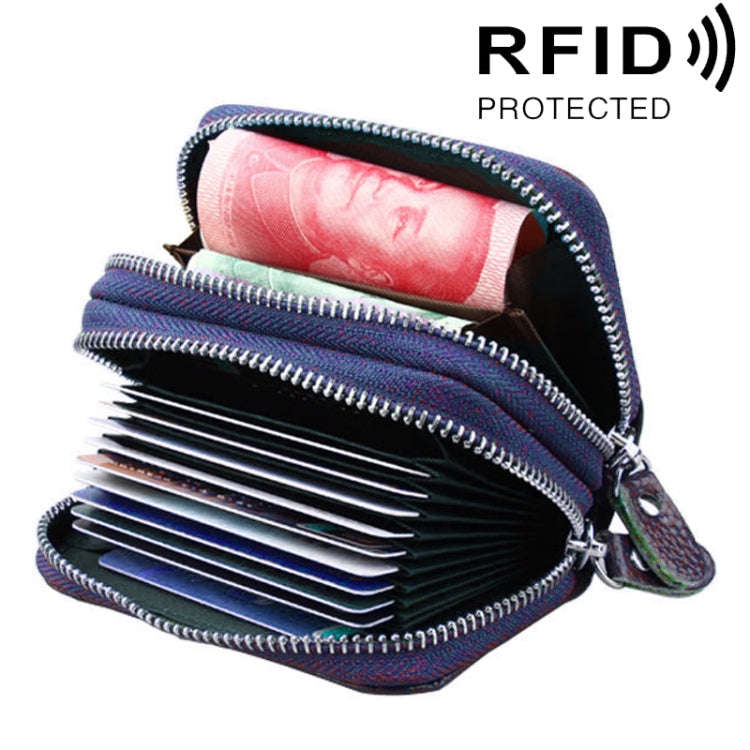 Genuine Leather Dual Layer Zipper Card Holder Wallet RFID Blocking Purse, Size: 10.5x7.0x4.0cm(Blue)