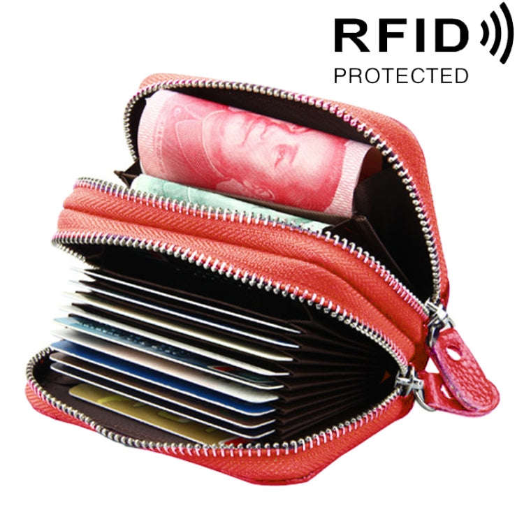 Genuine Leather Dual Layer Zipper Card Holder Wallet RFID Blocking Purse, Size: 10.5x7.0x4.0cm(Red)