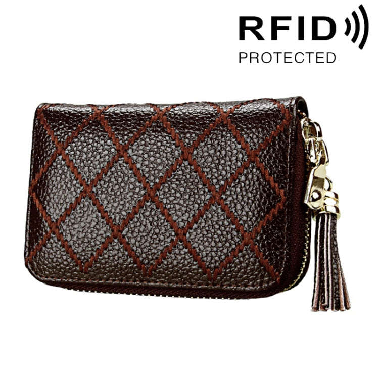 Genuine Cowhide Leather Grid Texture Zipper Card Holder Wallet RFID Blocking Card Bag Protect Cas...
