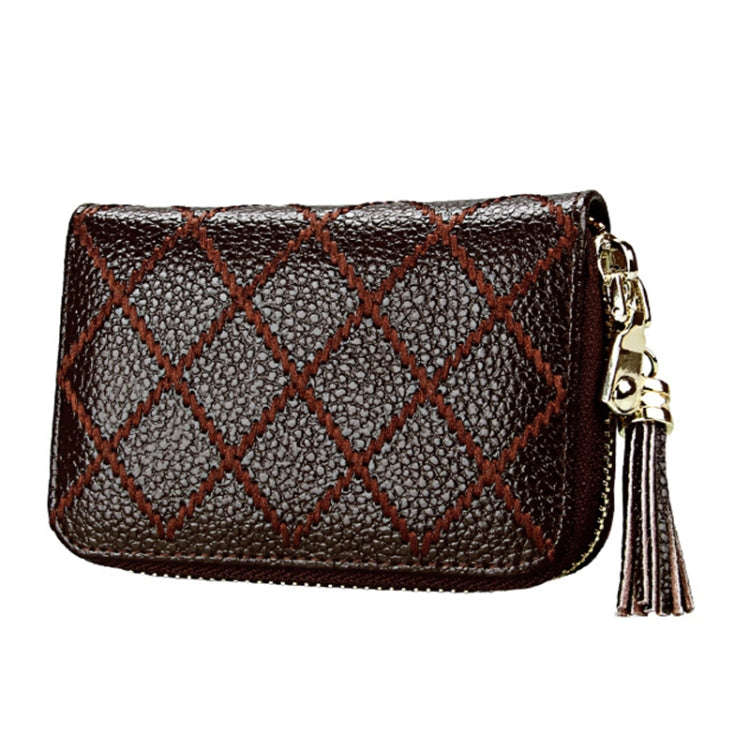 Genuine Cowhide Leather Grid Texture Zipper Card Holder Wallet RFID Blocking Card Bag Protect Cas...