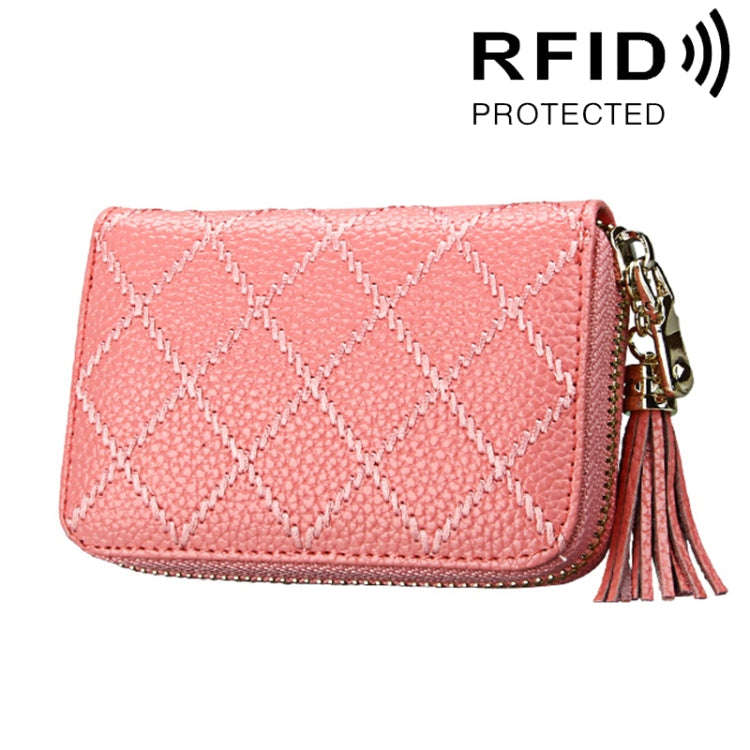 Genuine Cowhide Leather Grid Texture Zipper Card Holder Wallet RFID Blocking Card Bag Protect Cas...