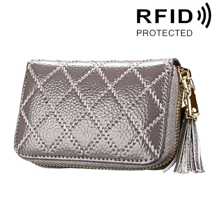 Genuine Cowhide Leather Grid Texture Zipper Card Holder Wallet RFID Blocking Card Bag Protect Cas...