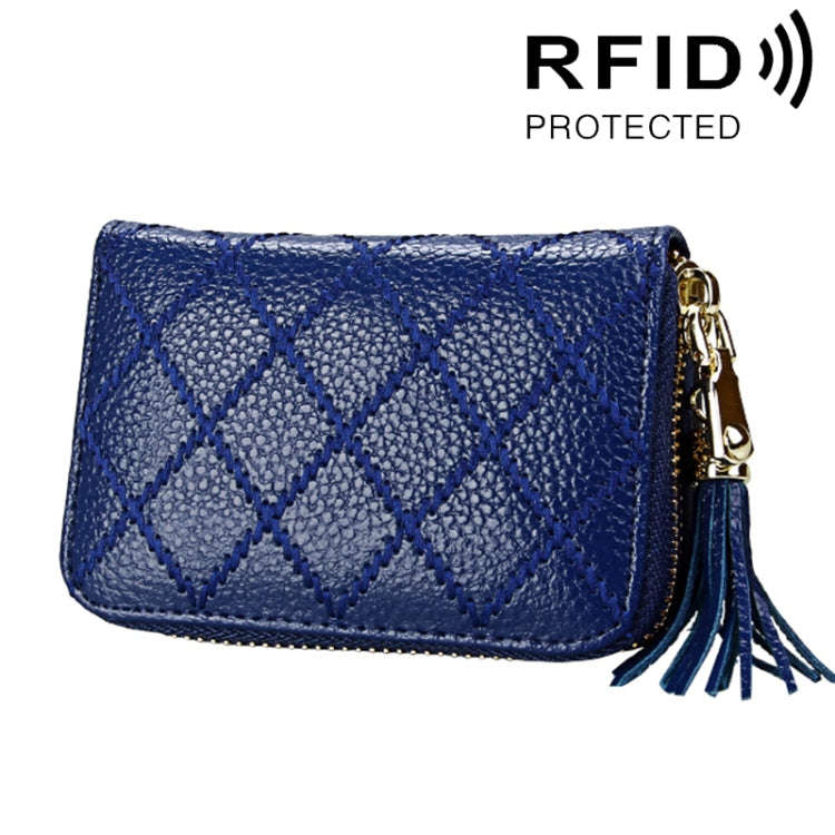 Genuine Cowhide Leather Grid Texture Zipper Card Holder Wallet RFID Blocking Card Bag Protect Cas...
