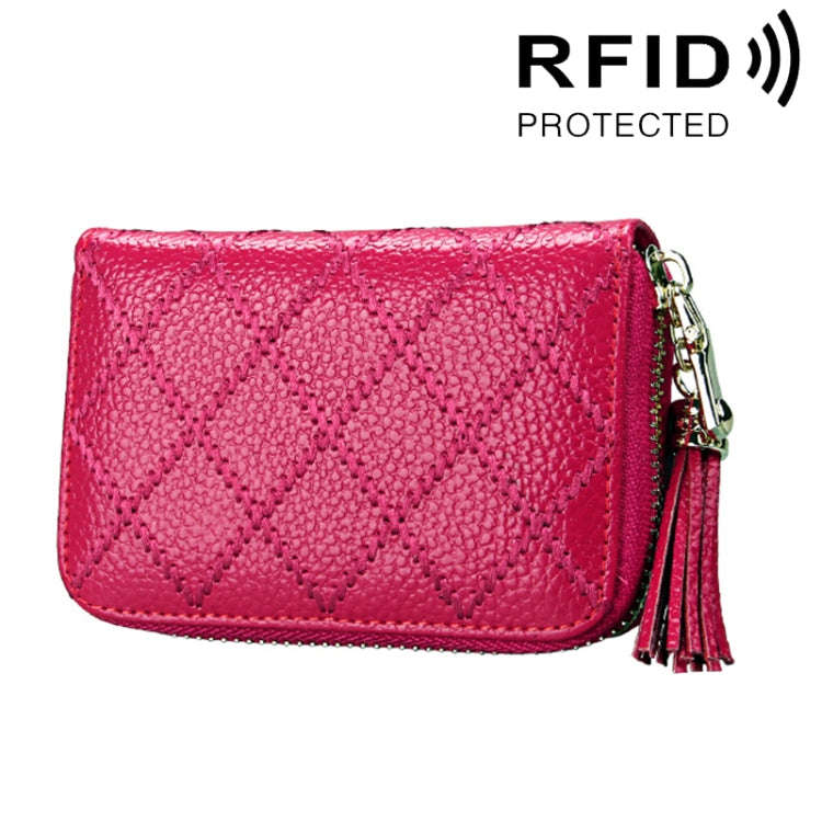Genuine Cowhide Leather Grid Texture Zipper Card Holder Wallet RFID Blocking Card Bag Protect Cas...