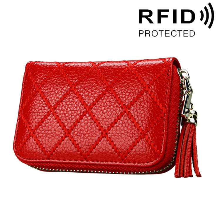 Genuine Cowhide Leather Grid Texture Zipper Card Holder Wallet RFID Blocking Card Bag Protect Cas...