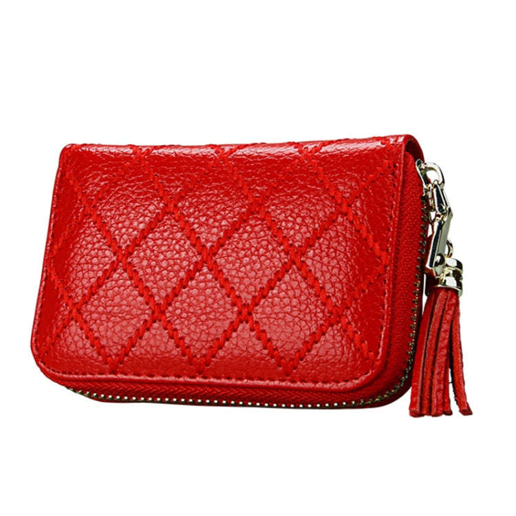 Genuine Cowhide Leather Grid Texture Zipper Card Holder Wallet RFID Blocking Card Bag Protect Cas...