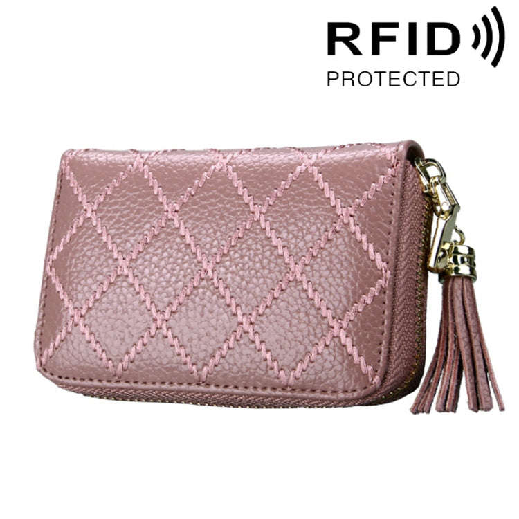 Genuine Cowhide Leather Grid Texture Zipper Card Holder Wallet RFID Blocking Card Bag Protect Cas...