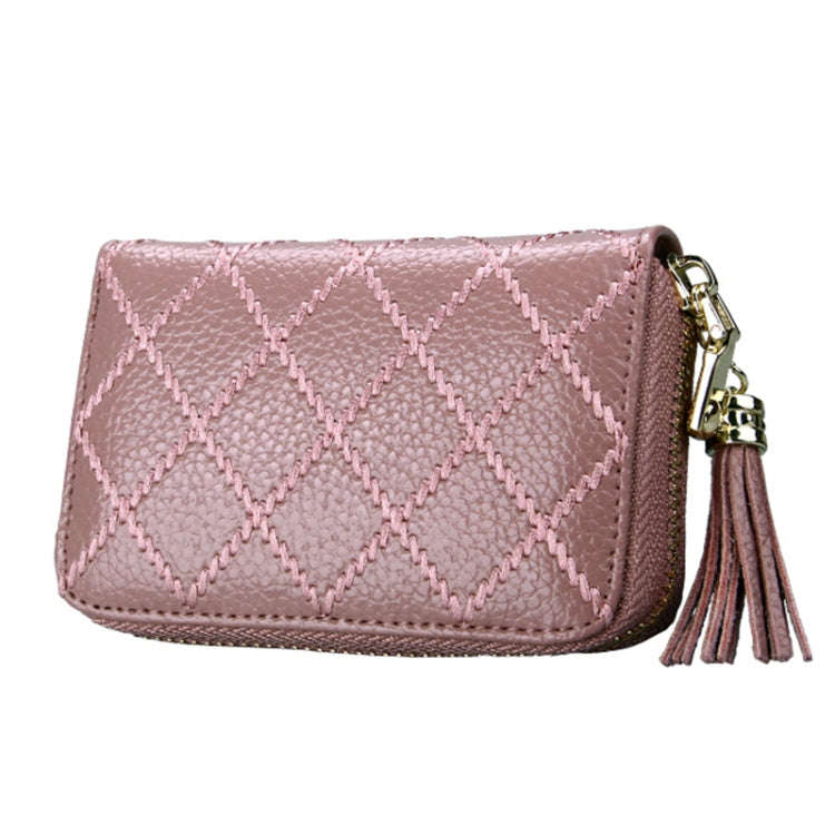 Genuine Cowhide Leather Grid Texture Zipper Card Holder Wallet RFID Blocking Card Bag Protect Cas...
