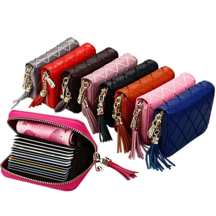 Genuine Cowhide Leather Grid Texture Zipper Card Holder Wallet RFID Blocking Card Bag Protect Cas...