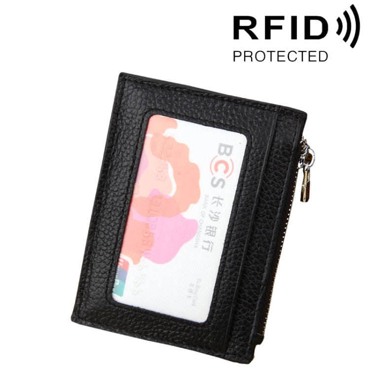Cowhide Leather Solid Color Zipper Card Holder Wallet RFID Blocking Card Bag Protect Case Coin Pu...