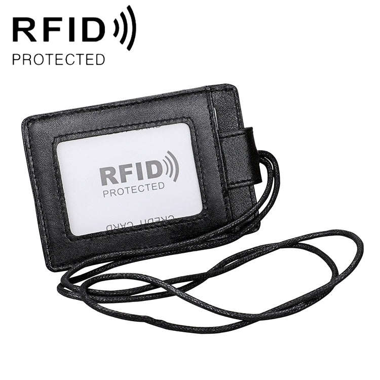 KB153 Antimagnetic RFID Leather Card Holder ID Card Badge with Lanyard(Black)