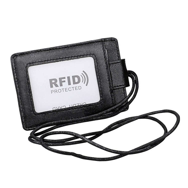 KB153 Antimagnetic RFID Leather Card Holder ID Card Badge with Lanyard(Black)