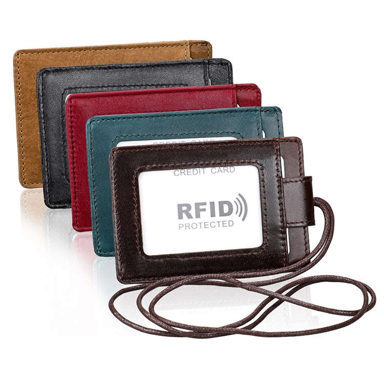KB153 Antimagnetic RFID Leather Card Holder ID Card Badge with Lanyard(Black)