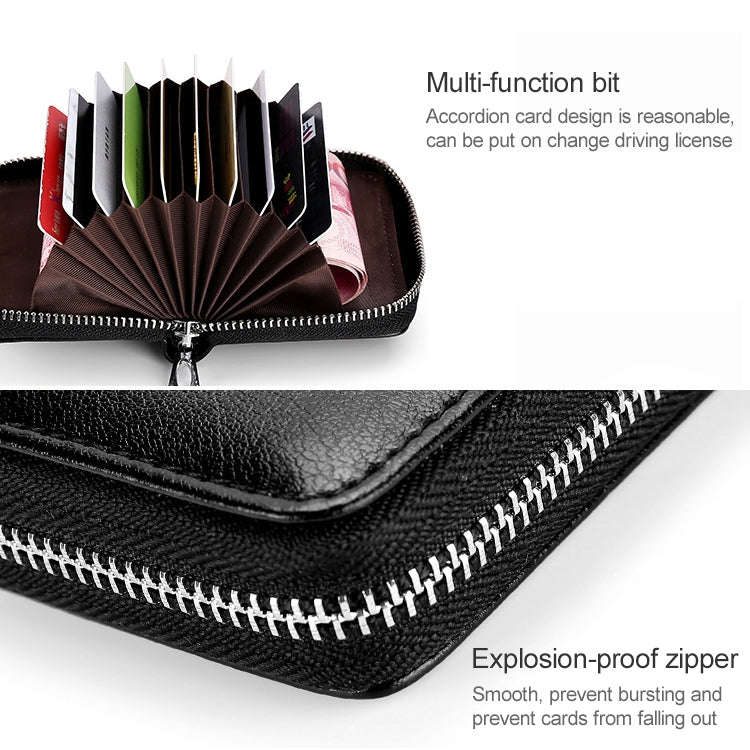 KB155 Antimagnetic RFID Zipper Leather Large-capacity Cards Holder Wallet(Black)