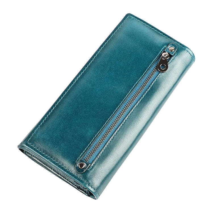 3559 Antimagnetic RFID Multi-function Zipper Retro Top-grain Leather Lady Purse Wallet (Blue)