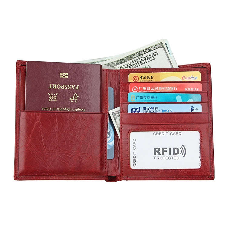 8235 Antimagnetic RFID Multi-function Crazy Horse Texture Leather Wallet Passport Bag(Red)