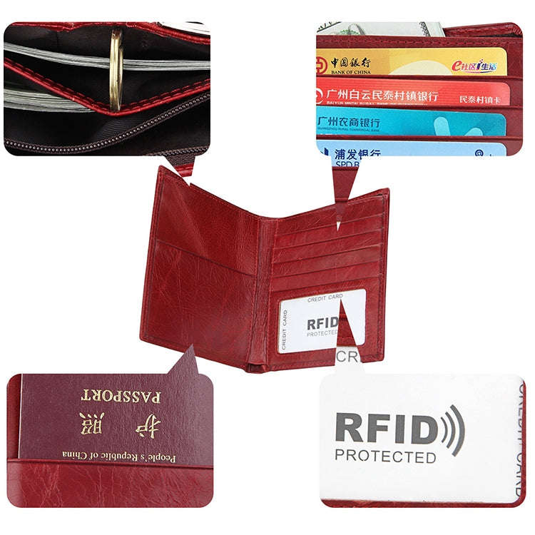 8235 Antimagnetic RFID Multi-function Crazy Horse Texture Leather Wallet Passport Bag(Red)