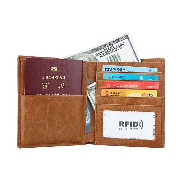 8235 Antimagnetic RFID Multi-function Crazy Horse Texture Leather Wallet Passport Bag(Yellowish-b...