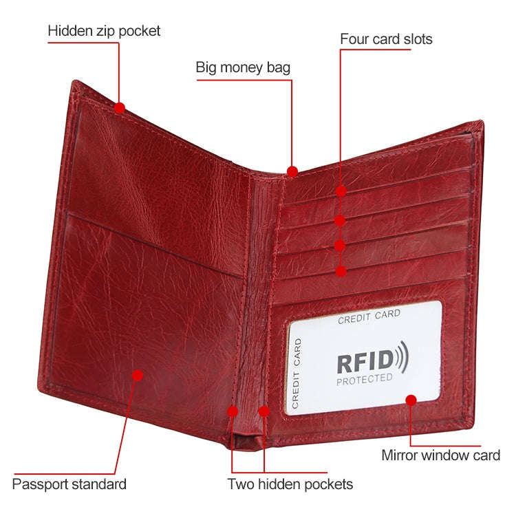 8235 Antimagnetic RFID Multi-function Crazy Horse Texture Leather Wallet Passport Bag(Yellowish-b...