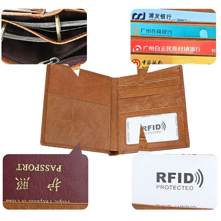 8235 Antimagnetic RFID Multi-function Crazy Horse Texture Leather Wallet Passport Bag(Yellowish-b...