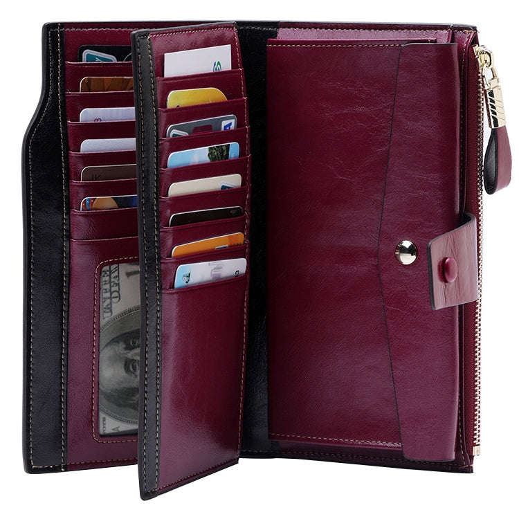 8236 Antimagnetic RFID Multi-function Oil Wax Leather Lady Wallet Large-capacity Purse (Purple)