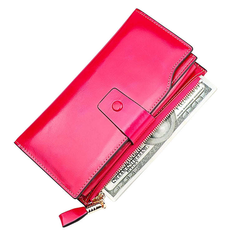 8236 Antimagnetic RFID Multi-function Oil Wax Leather Lady Wallet Large-capacity Purse (Rose Red)