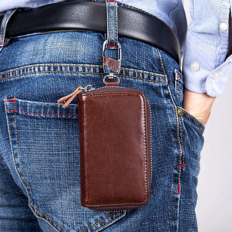 9101 Multi-function Waist Hanging Oil Wax Leather Zipper Wallet Keys Holder Bag(Black)