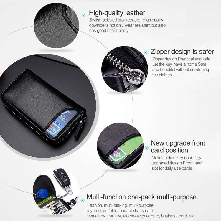 9106 Large-capacity Zipper Leather Keys Holder Bag Multi-function Wallet(Black)