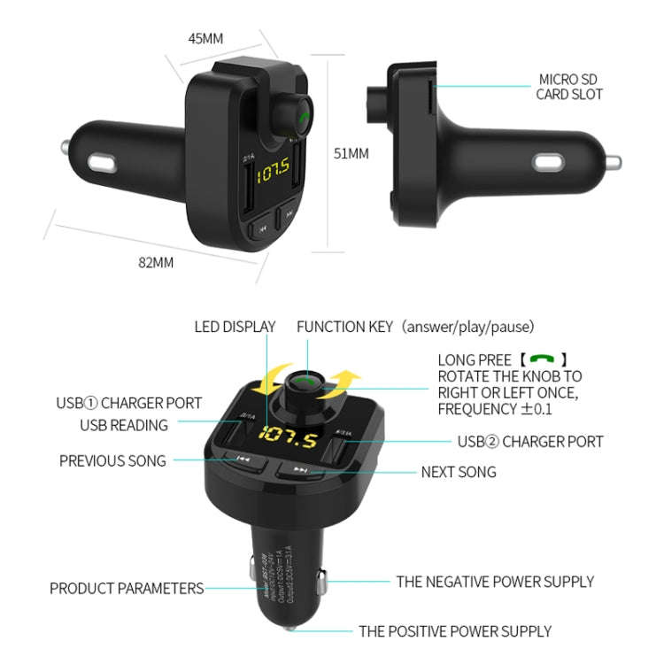 Bluetooth FM Transmitter Wireless In-Car Radio Adapter Music Player Hands-Free Calling Car Kit, D...