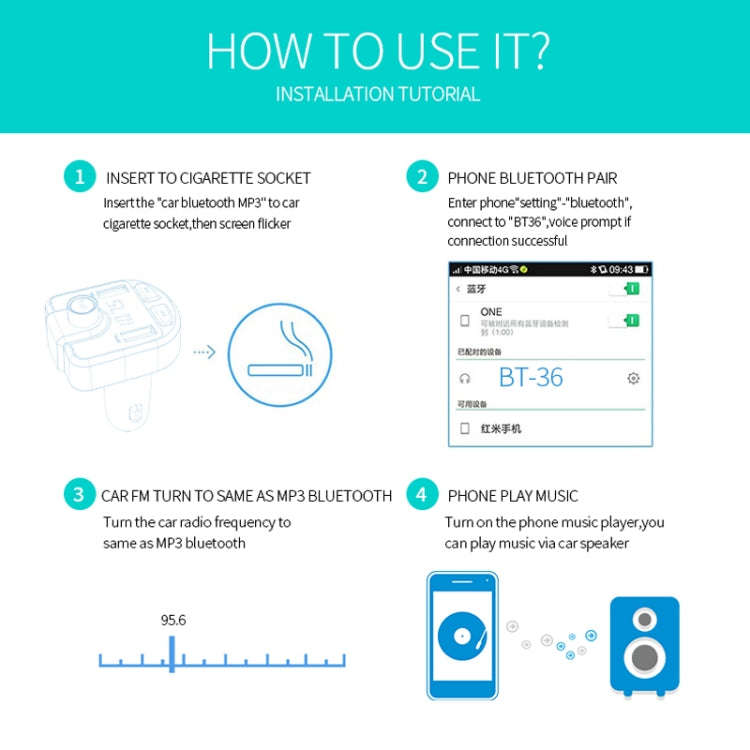 Bluetooth FM Transmitter Wireless In-Car Radio Adapter Music Player Hands-Free Calling Car Kit, D...