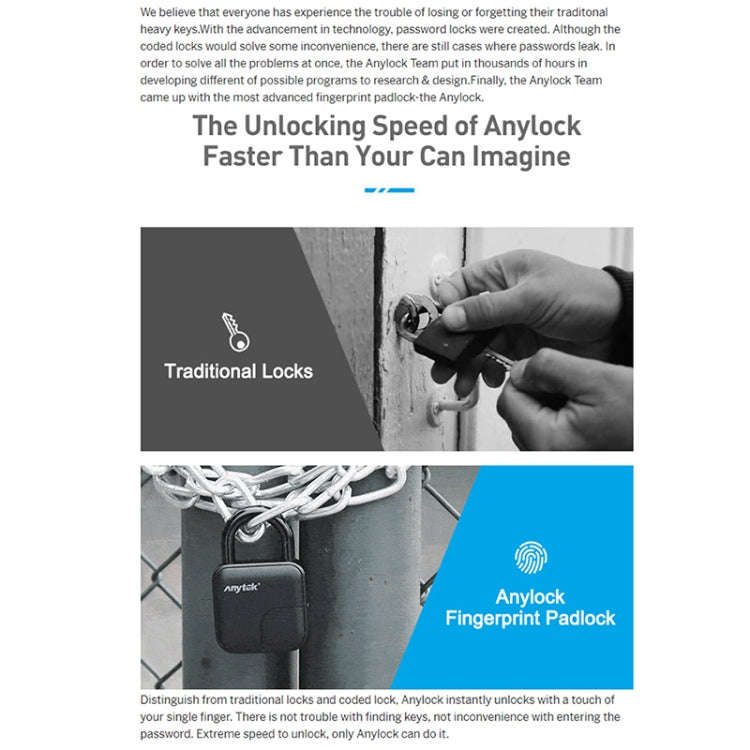 Anytek L3 Intelligent Hidden Fingerprint Padlock Electronic Lock, 10 Fingerprint Edition