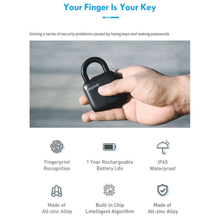 Anytek L3 Intelligent Hidden Fingerprint Padlock Electronic Lock, 10 Fingerprint Edition
