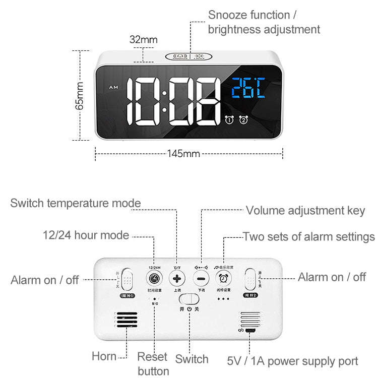 Bedside Alarm Clock Sound Control Mirror LED Music Clock (Silver)