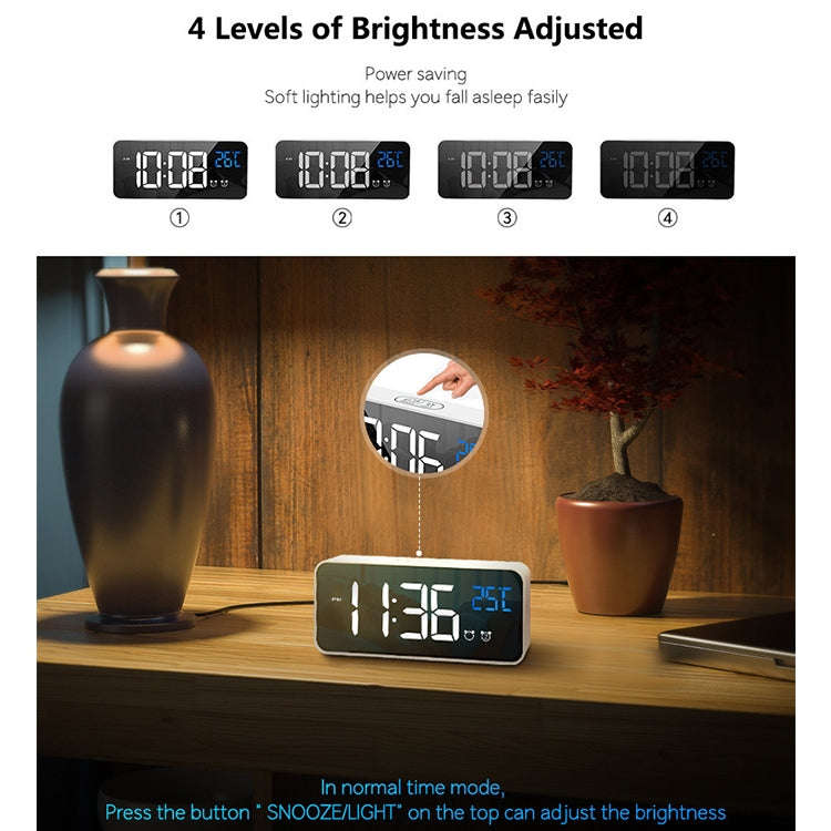 Bedside Alarm Clock Sound Control Mirror LED Music Clock (Silver)