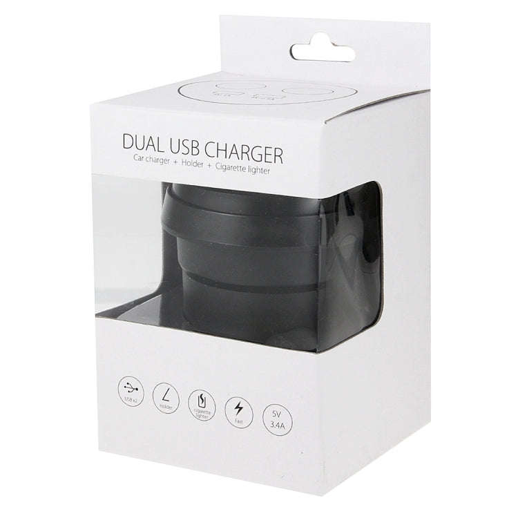 5V 1A+2.4A Two USB Ports & Two Car Cigarette Lighter Socket Car Charger with Holder Function
