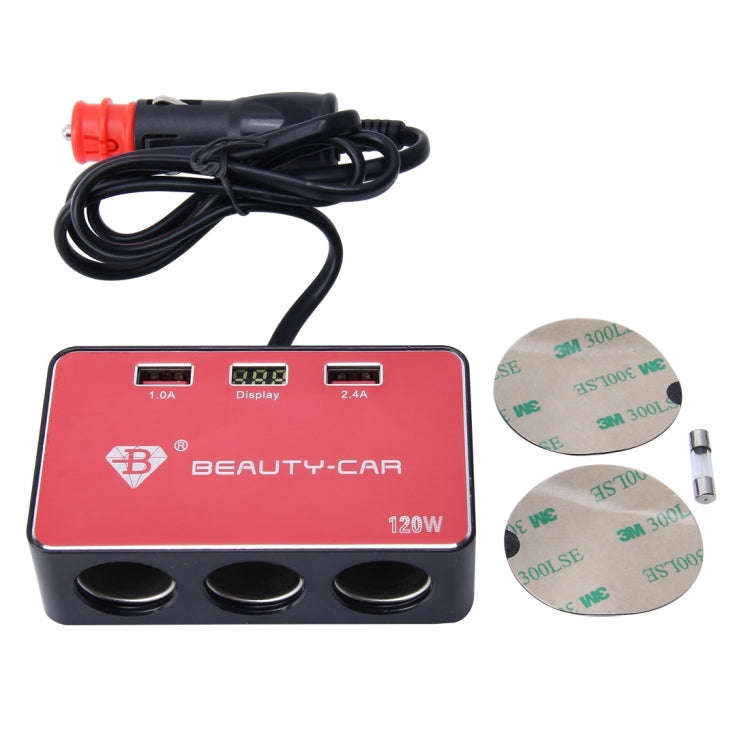 BEAUTY-CAR B-085 ABS Shell 120W 3 Sockets Car Cigarette Lighter Car Charger with 3.4A Dual USB Po...