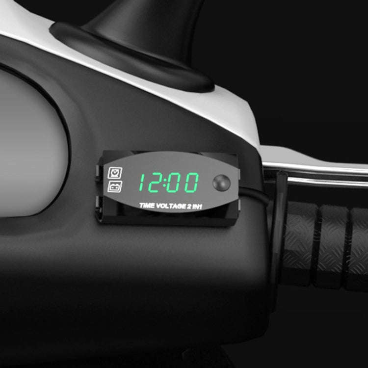 Motorcycle Multi-functional 2 in 1 Digital Display Voltmeter + Electronic Clock, 6-30V IP67 (Gree...
