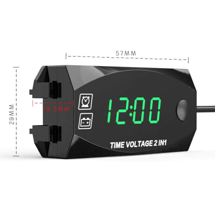 Motorcycle Multi-functional 2 in 1 Digital Display Voltmeter + Electronic Clock, 6-30V IP67 (Gree...