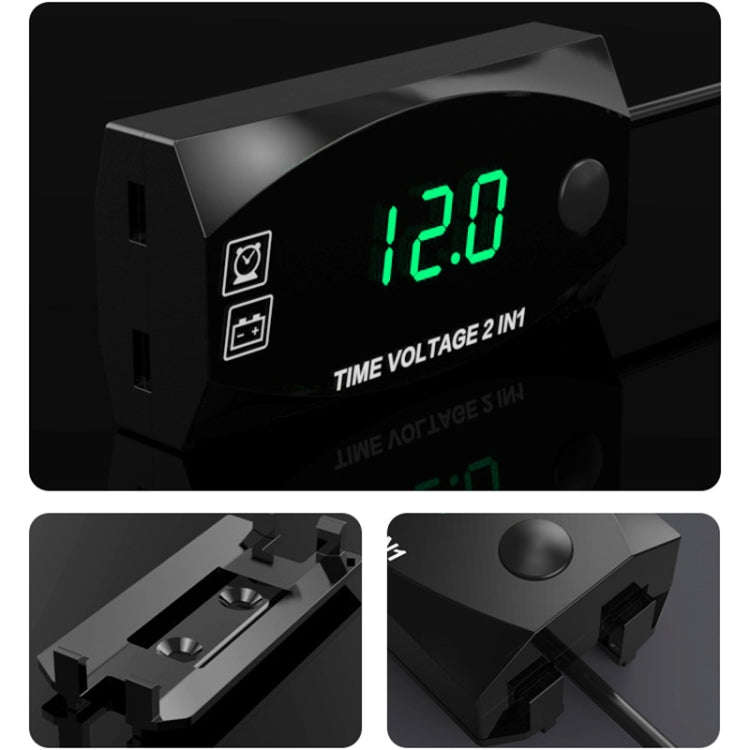 Motorcycle Multi-functional 2 in 1 Digital Display Voltmeter + Electronic Clock, 6-30V IP67 (Gree...
