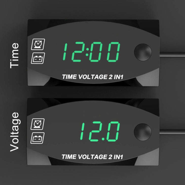 Motorcycle Multi-functional 2 in 1 Digital Display Voltmeter + Electronic Clock, 6-30V IP67 (Gree...