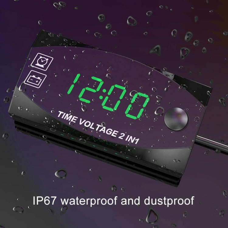 Motorcycle Multi-functional 2 in 1 Digital Display Voltmeter + Electronic Clock, 6-30V IP67 (Gree...