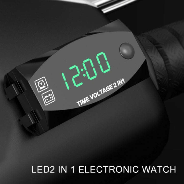 Motorcycle Multi-functional 2 in 1 Digital Display Voltmeter + Electronic Clock, 6-30V IP67 (Gree...