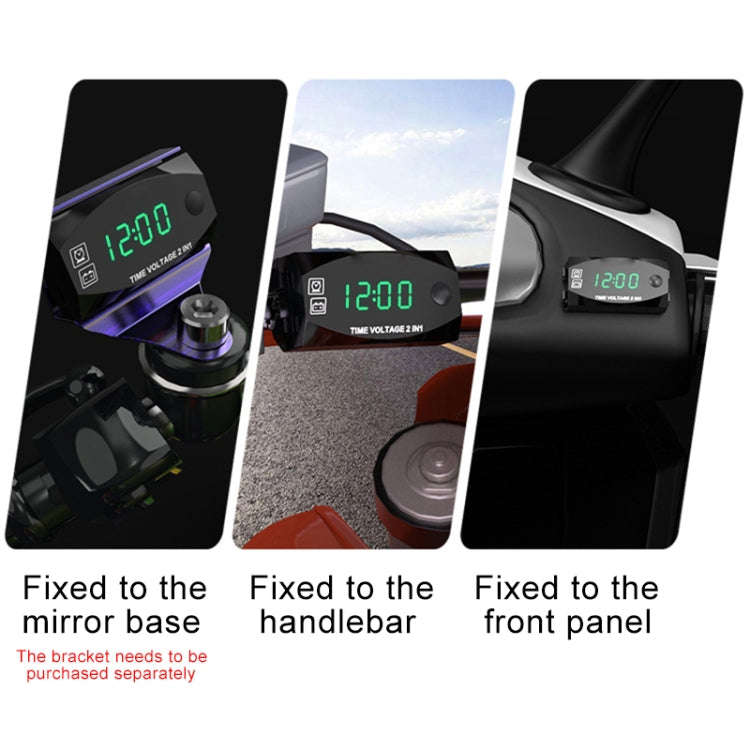 Motorcycle Multi-functional 2 in 1 Digital Display Voltmeter + Electronic Clock, 6-30V IP67 (Gree...