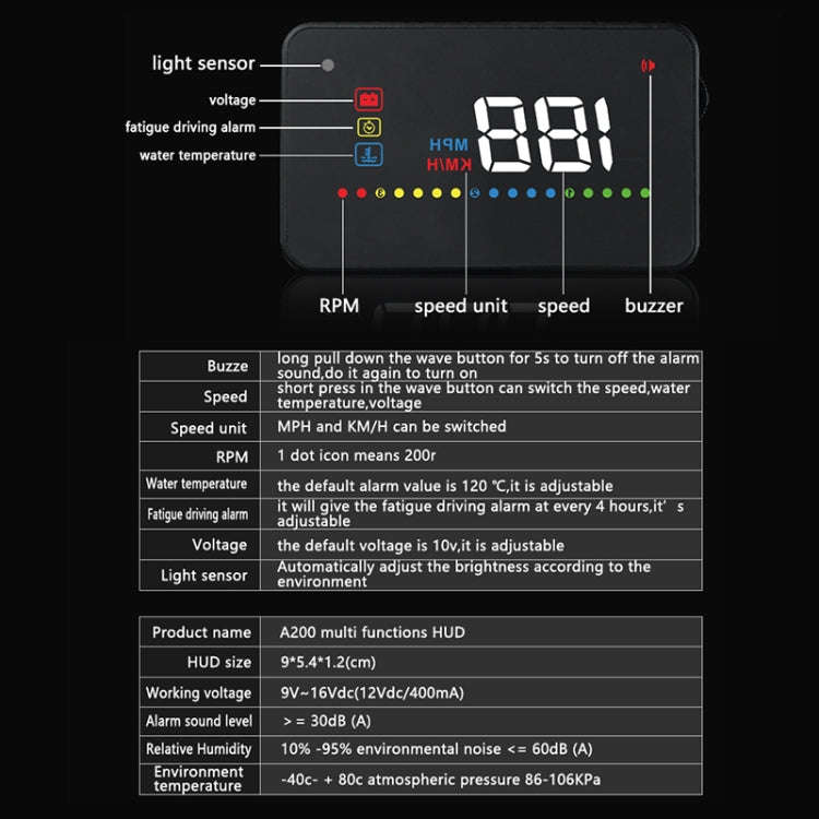A200 OBD2 3.5 inch Vehicle-mounted Head Up Display Security System, Support Car Speed / Engine Re...