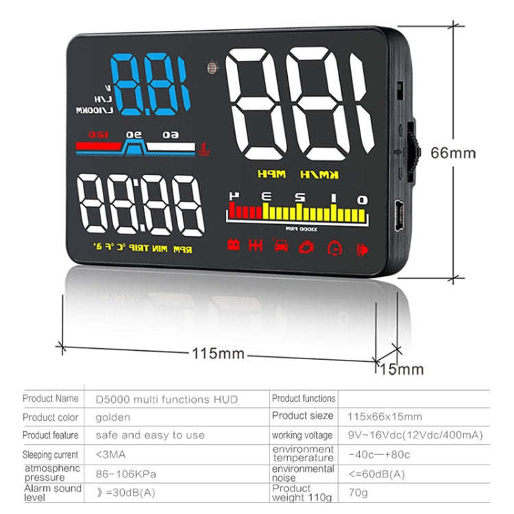 D5000 OBD2 5 inch Vehicle-mounted Head Up Display Security System, Support Car Speed / Engine Rev...