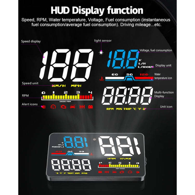 D5000 OBD2 5 inch Vehicle-mounted Head Up Display Security System, Support Car Speed / Engine Rev...