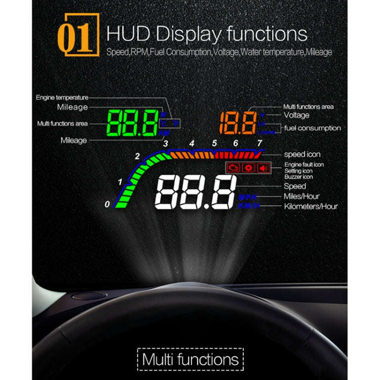 T100 OBD2 4 inch Vehicle-mounted Head Up Display Security System, Support Car Speed / Engine Revo...
