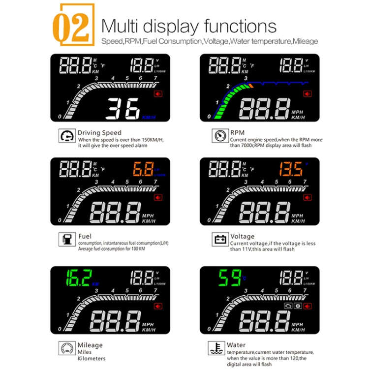 T100 OBD2 4 inch Vehicle-mounted Head Up Display Security System, Support Car Speed / Engine Revo...